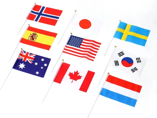 Miniatura 2 de Bandera de 200 países, banderas deportivas de palillo de país, parte superior redonda de mano pequeña en palo, bandera de países del mundo en cada