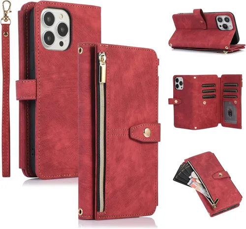 Miniatura 31 de UEEBAI Funda tipo cartera para iPhone 12 Mini de 5.4 pulgadas, retro 9 ranuras para tarjetero, bolsillo con cremallera, cierre magnético, función