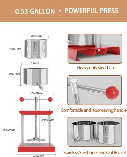 Miniatura 6 de Prensa de vino manual con asa superior EJWOX 0.53 galones - Prensa de acero inoxidable para frutas y hierbas para jugo, sidra, tintura Rojo