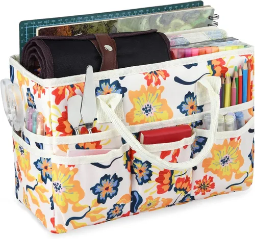 Miniatura 9 de Bolsa de mano organizadora de manualidades con múltiples bolsillos, gran caddy de almacenamiento de arte con asas para arte, manualidades, costura