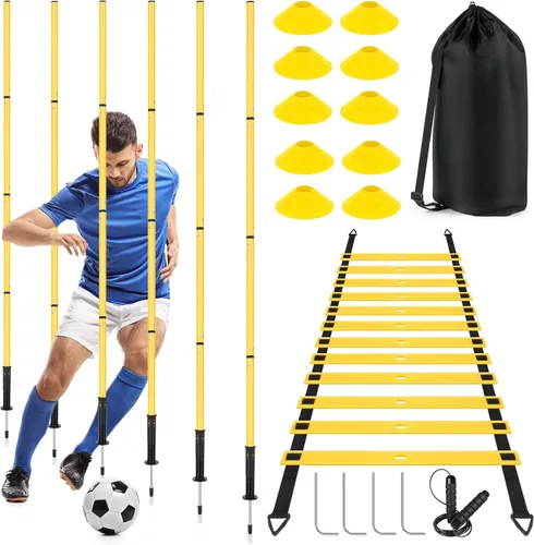 Equipo de entrenamiento de agilidad de fútbol: 6 postes de agilidad de fútbol, escalera de agilidad de 20 pies, 10 conos de fútbol, 1 cuerda de