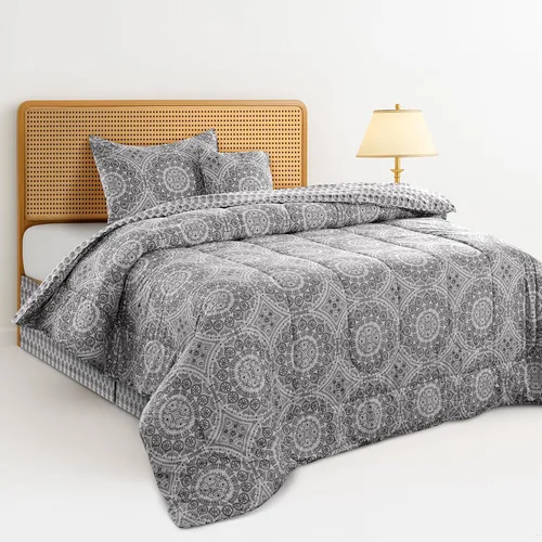 Miniatura 17 de Juego de colcha reversible LUX Décor de 4 piezas para cama individual, juego de ropa de cama impresa, microfibra en una bolsa, incluye 1 edredón, 1