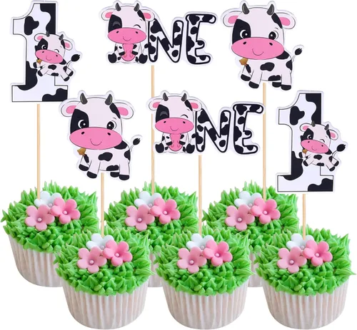 Miniatura 15 de Rsstarxi Paquete de 24 adornos para cupcakes de vaca con purpurina de animales de granja Moo para cupcakes temáticos de vaca, baby shower, fiesta