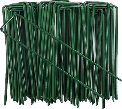 Paquete de 30 grapas galvanizadas verdes de 4 pulgadas, calibre 11, en forma de U, antioxidantes, estacas de jardín para barrera de malezas, tubos