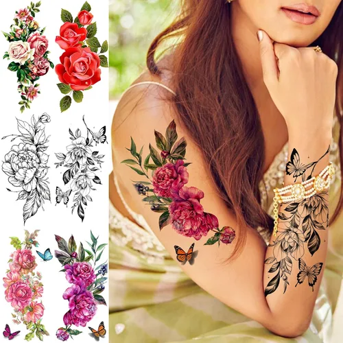 Miniatura 6 de TASROI 18 hojas de tatuajes temporales de flores sexys para mujeres, niñas y adultos, tatuajes falsos de arte corporal para el brazo, tatuajes