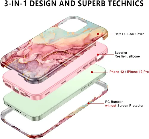 Miniatura 2 de Btscase para iPhone 12/iPhone 12 Pro, funda resistente de tres capas de mármol a prueba de golpes, cuerpo completo, PC duro + parachoques de TPU