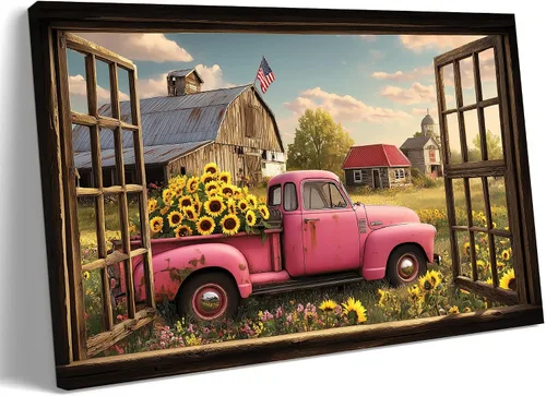 Miniatura 26 de Decoración rústica de granja en lienzo con ventana abierta, impresiones artísticas para pared, pintura de camión viejo, lienzo de granero y bandera