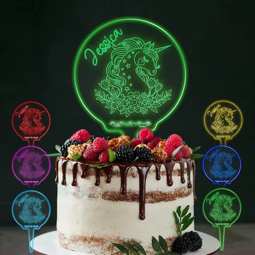 Decoración para tartas de cumpleaños personalizable, regalos para mujeres y hombres, lindo unicornio, 7 colores, decoración LED acrílica para tartas