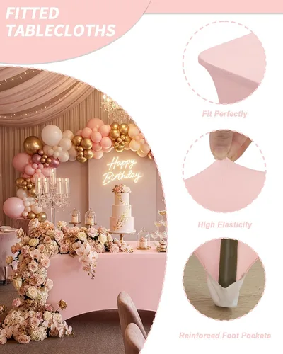 Miniatura 4 de Fixwal Manteles rosas para mesas rectangulares de 8 pies, paquete de 2 manteles elásticos de elastano ajustables para fiestas, ferias, banquetes