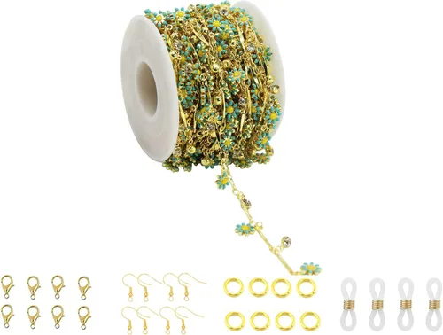 Miniatura 24 de Cadena de eslabones de girasol esmaltada hecha a mano con fornituras de latón chapado en oro para hacer joyas, máscara de vidrio, zapatos, Cc02