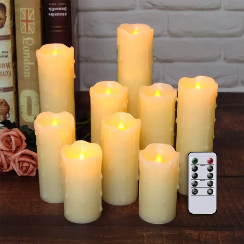 Miniatura 9 de Velas parpadeantes sin llama que funcionan con pilas (batería incluida) con temporizador de 6 horas, juego de 6 velas LED de cera goteante