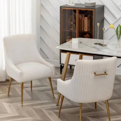 Miniatura 3 de Juego de 2 sillas de comedor, modernas sillas tapizadas para cocina, comedor con patas doradas, sillas de tela de terciopelo copetudo para sala