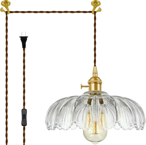 Miniatura 18 de Lámpara colgante enchufable, lámpara colgante, luz colgante de cristal, lámpara de swag con interruptor de encendido/apagado en línea para isla