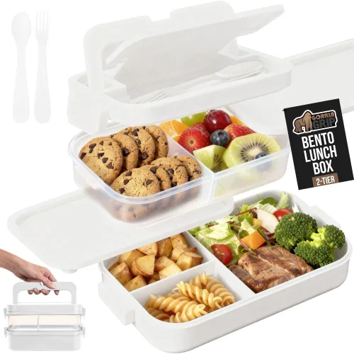 Miniatura 10 de GORILLA GRIP Lonchera Bento a prueba de fugas sin BPA para mujeres, hombres, niños, estilo de 2 niveles, con asa fácil de transportar, apta