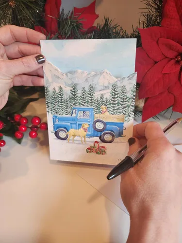 Miniatura 5 de LPG Greetings - Camioneta de camioneta azul: Golden Lab: Montañas cubiertas de nieve, caja de 12 tarjetas de Navidad troqueladas