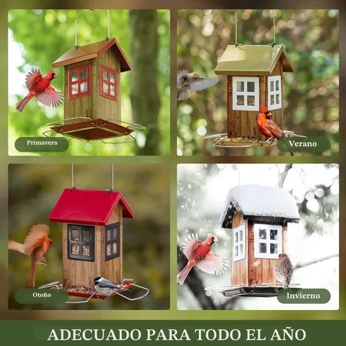 Miniatura 6 de Kingsyard Lindas casas comedero para pájaros para exteriores, comedero colgante de metal para pájaros con 4 puertos, decoraciones de jardín al aire