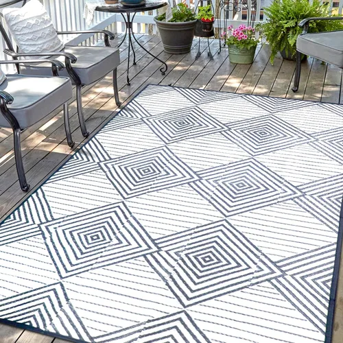 Miniatura 9 de Alfombra Impermeable para Exteriores 9x12 pies, Tapete de Paja de Plástico Reversible Boho para Patio RV Terraza Porche Patio Trasero Balcón Camping