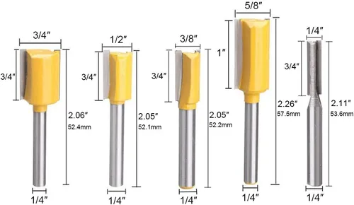 Miniatura 4 de Juego de 5 brocas rectas para enrutador Dado, doble flauta recta de carburo, herramientas para carpintería, diámetro de corte de 1/4, 3/8, 1/2, 5/8