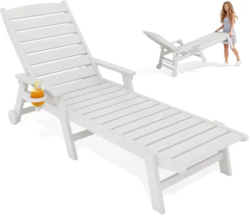 Miniatura 15 de KINGYES Sillón de polietileno de alta densidad para exteriores, tumbona reclinable para patio con portavasos para todo tipo de clima, tumbona