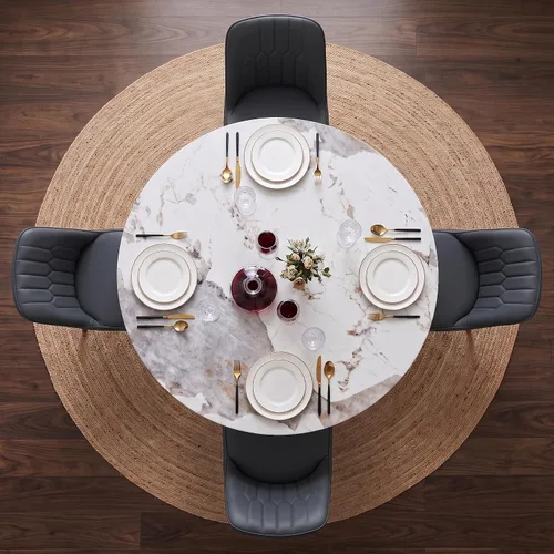 Miniatura 5 de Juego de mesa de comedor redonda de 48'' para 4, juego de mesa y sillas de cocina de mármol, conjunto de 4, mesa redonda con pata de MDF negro