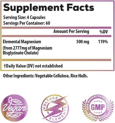 Miniatura 2 de Quelato de bisglicinato de magnesio elemental, 500 mg, suplemento de magnesio de alta absorción para relajación, sueño y recuperación muscular