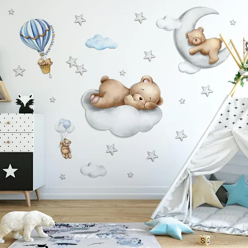 Calcomanías de pared de oso lindo durmiendo en la luna de nubes, calcomanías de pared de oso bebé, calcomanías de pared removibles de hadas, mural