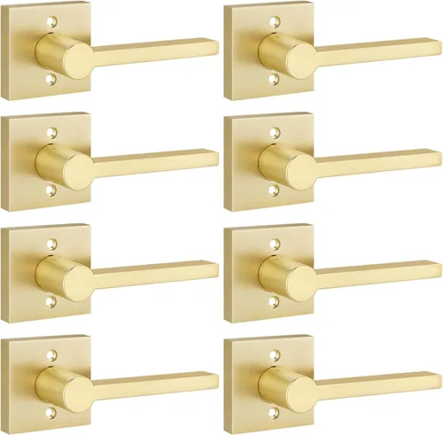 Miniatura 40 de EHOMEWARE Juego de manijas de puerta delantera doradas, palanca de puerta cuadrada resistente de latón y cerrojo de un solo cilindro reversible
