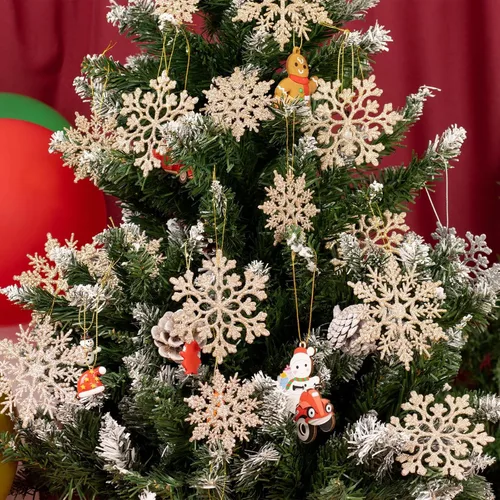 Miniatura 5 de Paquete de 36 adornos de plástico en champán dorado de copos de nieve, decoraciones colgantes de copo de nieve para el árbol de Navidad de invierno