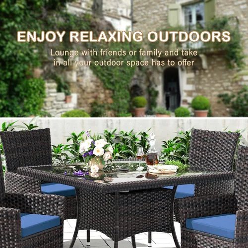 Miniatura 4 de Juego de 10 piezas de comedor para patio al aire libre, mesa de patio y sillas de ratán con agujero para paraguas, juego de mesa de comedor para 8