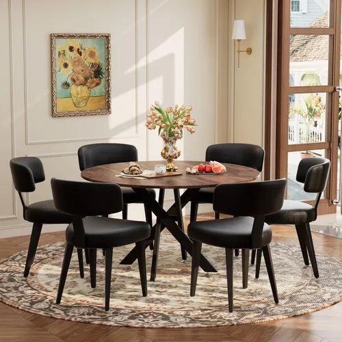 Miniatura 35 de Juego de mesa de comedor de madera para 2, mesa de cocina redonda de 36 pulgadas con 2 sillas de comedor Boucle, mesa de MDF con patas de metal