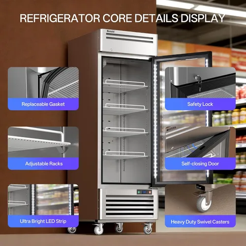 Miniatura 5 de Coolski Refrigerador comercial de puerta de vidrio de 1 puerta, comercializador de pantalla de acero inoxidable con luz LED para uso comercial