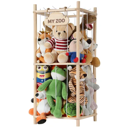 Miniatura 11 de LAMU Almacenamiento de animales de peluche, soporte de madera para animales de peluche con cordones elásticos, organizador de juguetes de ahorro