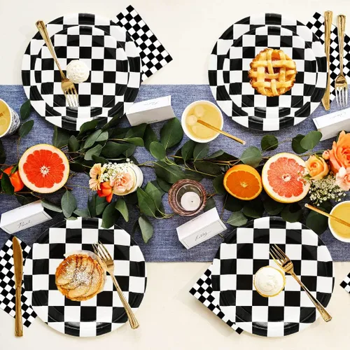 Miniatura 7 de 100 piezas de suministros de fiesta de autos de carreras a cuadros negros y blancos, platos de cena y postre de 9 y 7 pulgadas, servilletas, tazas