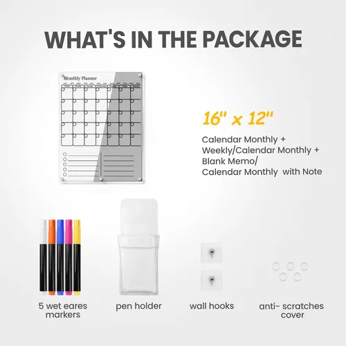 Miniatura 6 de Calendario magnético para refrigerador, calendario acrílico grueso para refrigerador con imanes fuertes, pizarra blanca transparente de borrado