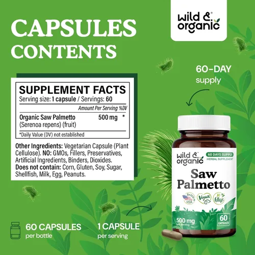 Miniatura 3 de Wild & Organic Cápsulas Saw Palmetto de 500 mg - Soporte del tracto urinario para hombres y mujeres - Suplemento en polvo de palma enana pura