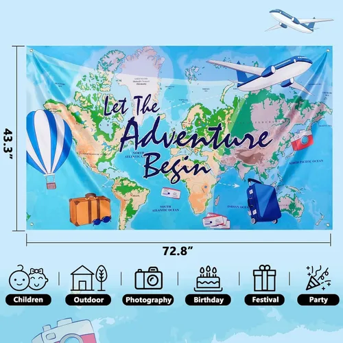 Miniatura 3 de WERNNSAI Bon Voyage - Telón de fondo para fiesta de cumpleaños con temática de viaje, 73 x 43 pulgadas, decoración de fiesta de cumpleaños
