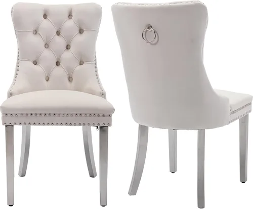 Juego de 2 sillas de comedor modernas de mediados de siglo, sillas de cocina tapizadas de terciopelo beige, sillas de cocina y comedor, patas de