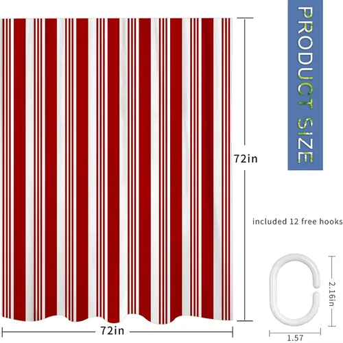 Miniatura 5 de Cortina de ducha de poliéster con patrón de bastón de caramelo rojo y blanco abstracto de Navidad, juego de cortinas con ganchos, impermeable, 24