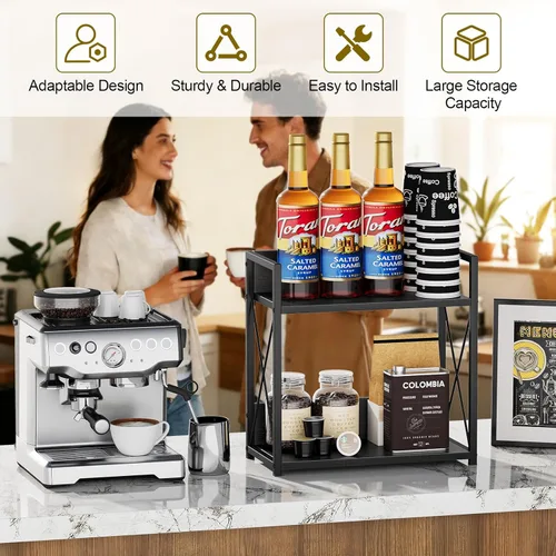 Miniatura 2 de Giikin Organizador de encimera de cocina, organizador de barra de café de 2 niveles, estante de especias negro para encimera, estantes de encimera