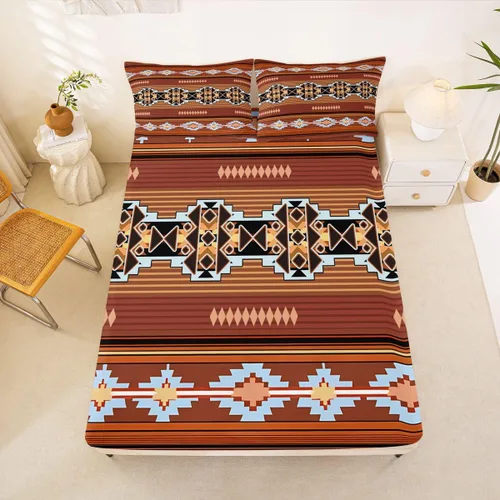 Miniatura 62 de Juego de ropa de cama occidental tamaño individual, sábanas aztecas, estilo nórdico exótico, bohemio, sábana bajera ajustable de tribu india