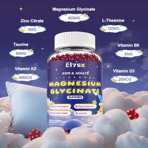 Miniatura 4 de Gomitas de bisglicinato de magnesio liposomal de 400 mg para niños y adultos, suplemento de bisglicinato de magnesio masticable con teanina, B6