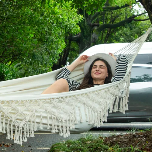 Miniatura 6 de Hamaca de macramé doble boho de lona de algodón, hamaca portátil de repuesto de 440 libras, capacidad de carga blanca