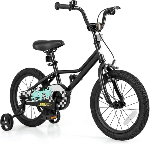 Miniatura 15 de BABY JOY Bicicleta para niños, 12, 14, 16, 18 pulgadas, bicicleta deportiva con ruedas de entrenamiento extraíbles, frenos de mano y posavasos