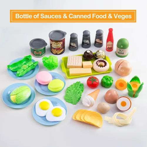 Miniatura 5 de Juego de cocina de 150 piezas, accesorios de cocina para niños pequeños, alimentos, manta de picnic, frutas, verduras, paquete de 2 cestas de Azul