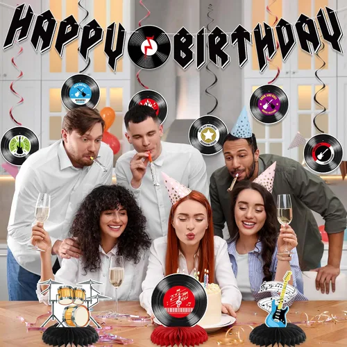 Miniatura 5 de Crenics Decoraciones de cumpleaños de Rock and Roll: pancarta de feliz cumpleaños, remolinos colgantes y centros de mesa de panal para suministros