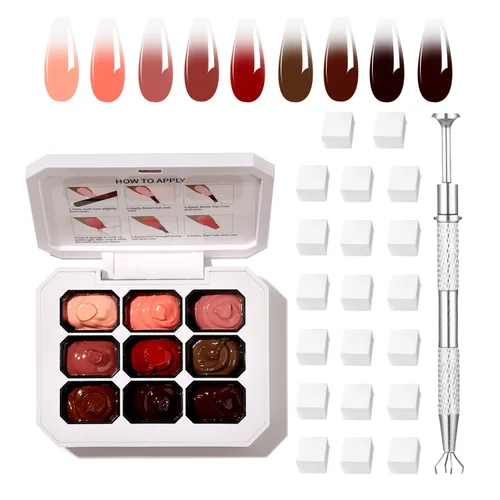 Miniatura 28 de Finger Secret - Juego de 9 colores de esmalte de uñas de gel Ombre Pat, paleta de esmaltes de gel con 20 esponjas de uñas para arte de uñas de gel
