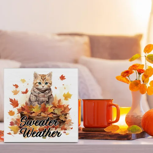 Miniatura 5 de Decoración de otoño para el hogar, decoración de otoño, suéter de madera, letrero de madera de arce y gato, decoración interior para escritorio