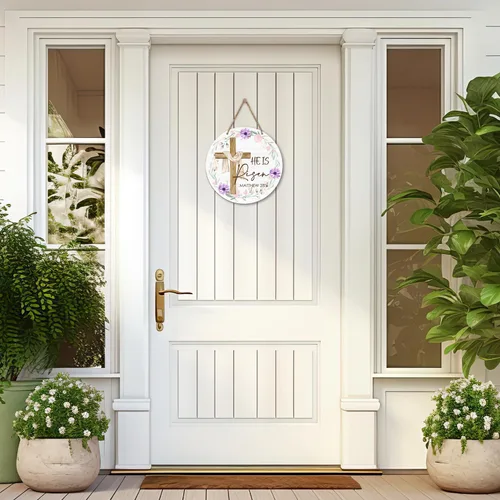 Miniatura 5 de Placa de madera para colgar en la pared, regalo para Pascua cristiana, letrero redondo de madera con cordel, decoración de cruz floral, puerta