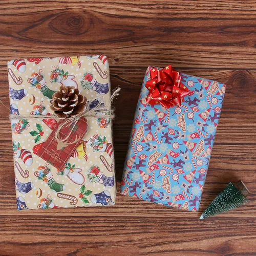 Miniatura 6 de Aimyoo Paquete de papel kraft de regalo de Navidad, papel de regalo de Navidad vintage para niños, guantes de calcetines, bastones de caramelo