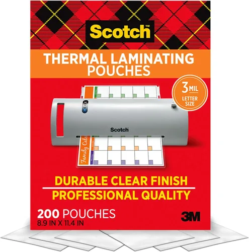 Scotch - Bolsas para laminación térmica. Paquete de 200 unidades, de 8.9 x 11.4 pulgadas, transparentes, de tamaño carta (TP3854-3).